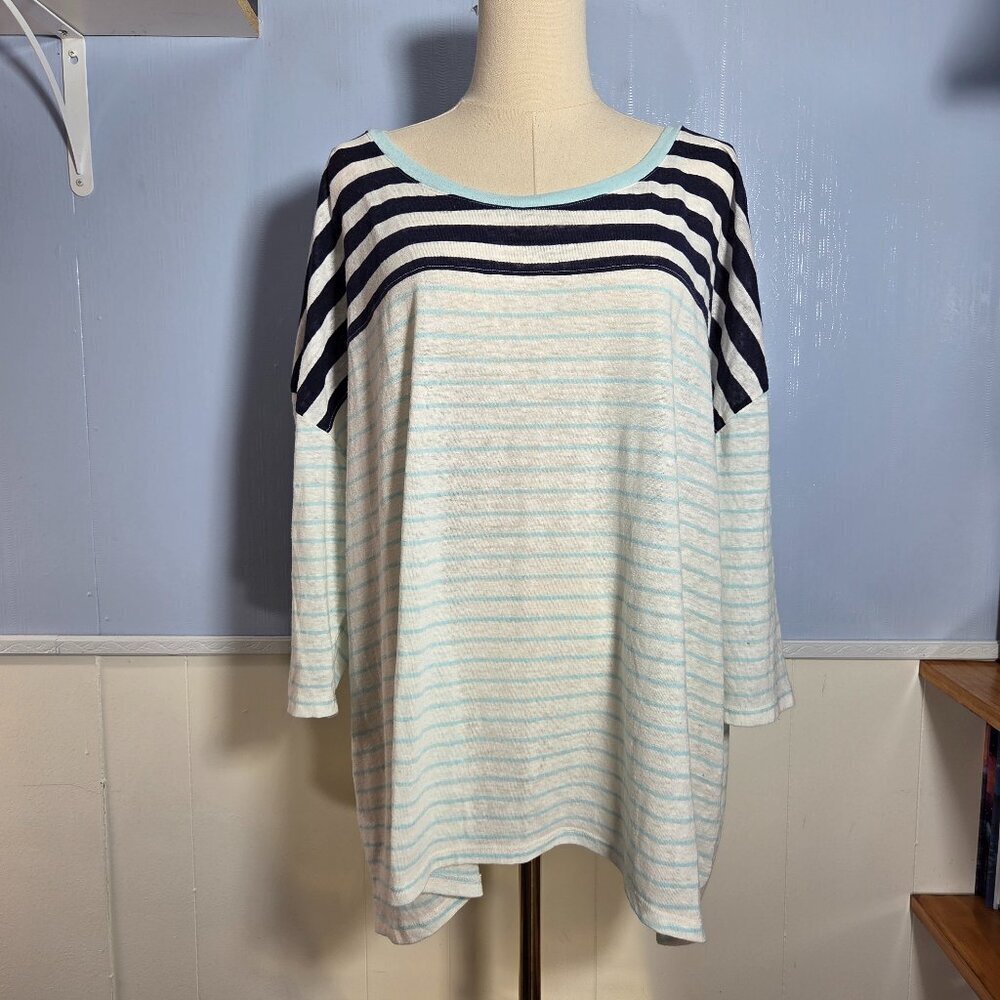 Lane Bryant 22/24 White Black Striped 3/4 sleeve Linen Blend Lightweight Tee